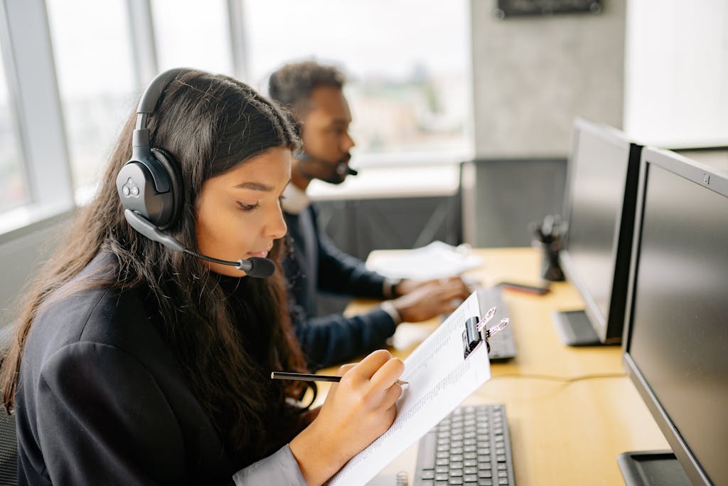 Woman With Headset Holding A Clipboard and Taking Notes - Virtual Landline - Cloud based phone system